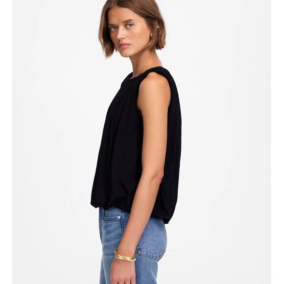 Madewell Sleeveless Crew Neck Bubble Top SZ L Jet Black Pullover Stretch Cotton - Picture 2 of 7